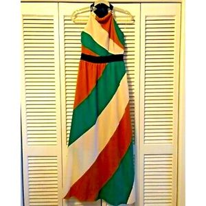 RYU Anthropologie Striped White Green Camel  Halter Maxi Dress NWOT